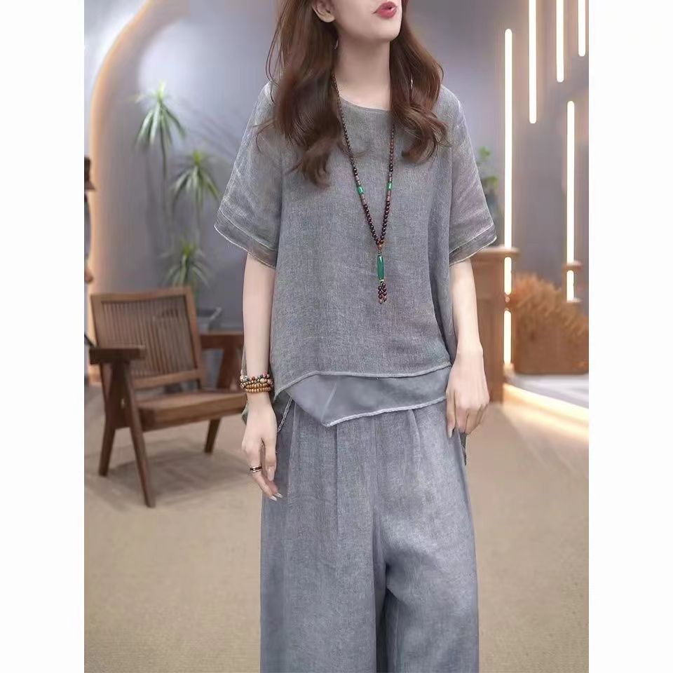 Women's fashionable two-piece cotton and linen suit