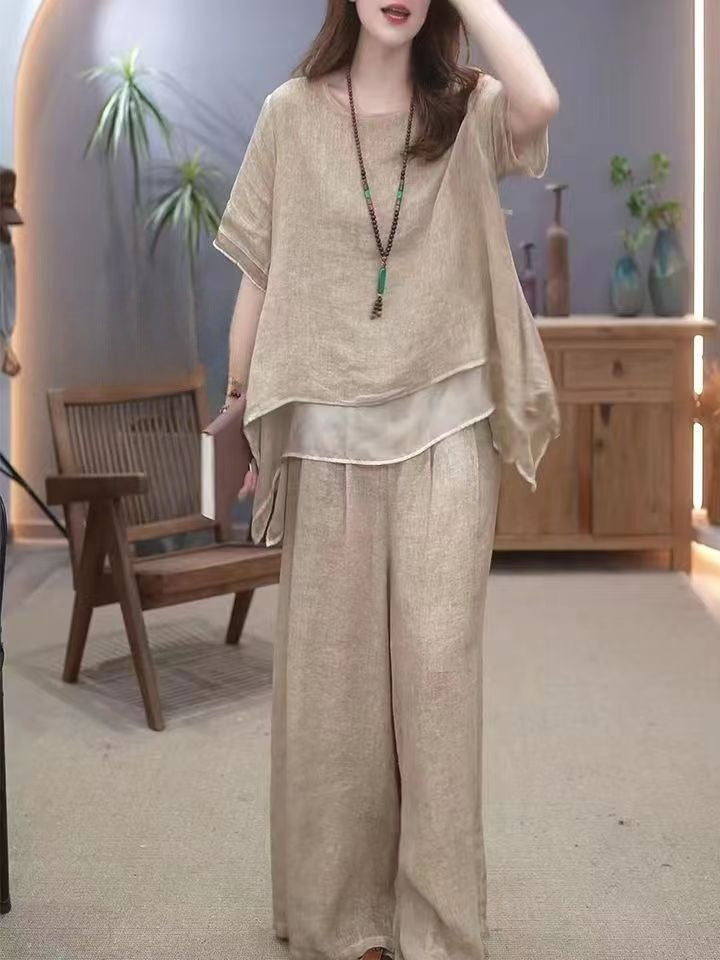 Women's fashionable two-piece cotton and linen suit