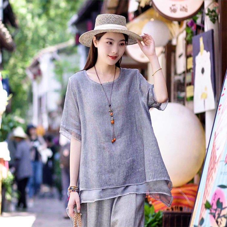 Women's fashionable two-piece cotton and linen suit