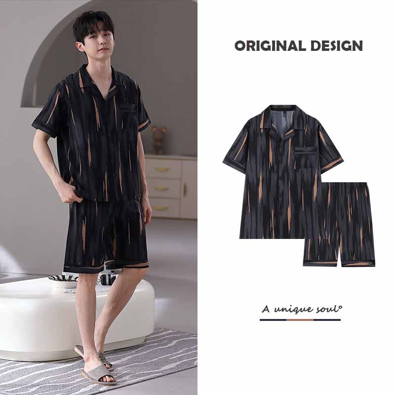 ae556-Summer ice silk men's pajamas suit