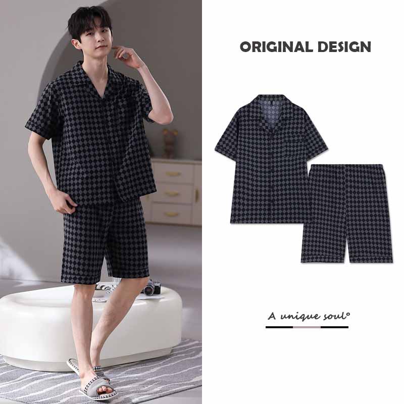 ae556-Summer ice silk men's pajamas suit