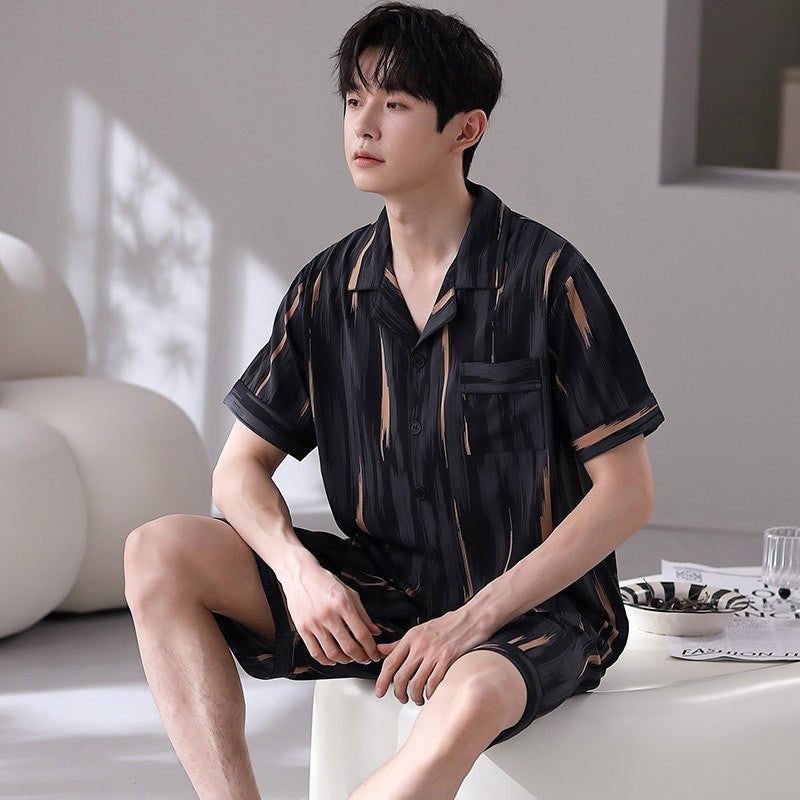 ae556-Summer ice silk men's pajamas suit