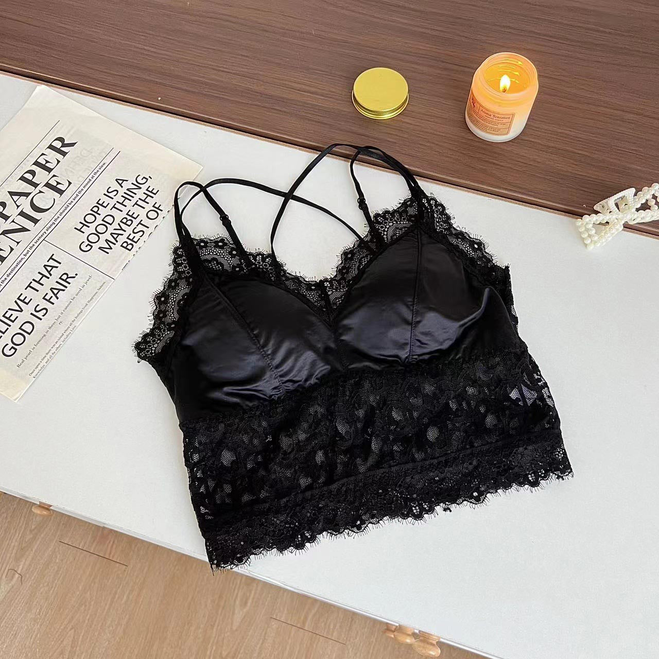 French floral lace cross back bra توصيل مجاني! اشتري 1 واحصل على 1 مجانا!