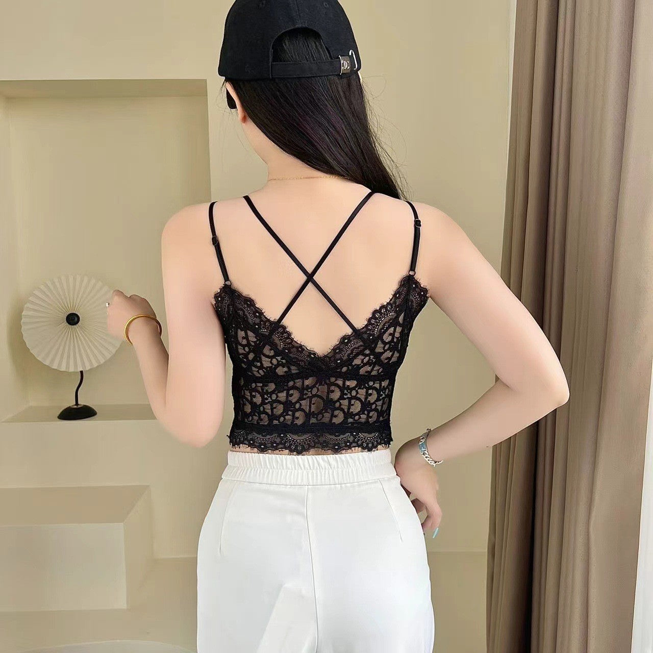 French floral lace cross back bra توصيل مجاني! اشتري 1 واحصل على 1 مجانا!