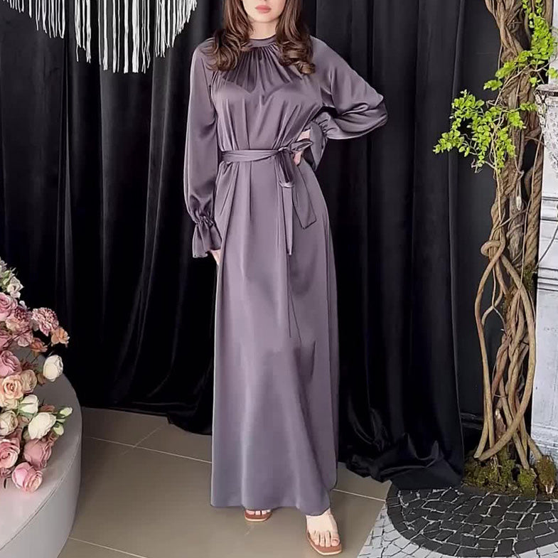 go34-Solid Color Satin Long Sleeve Loose Dress