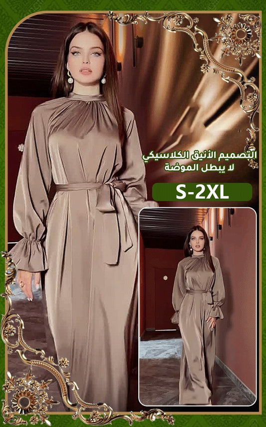 go34-Solid Color Satin Long Sleeve Loose Dress