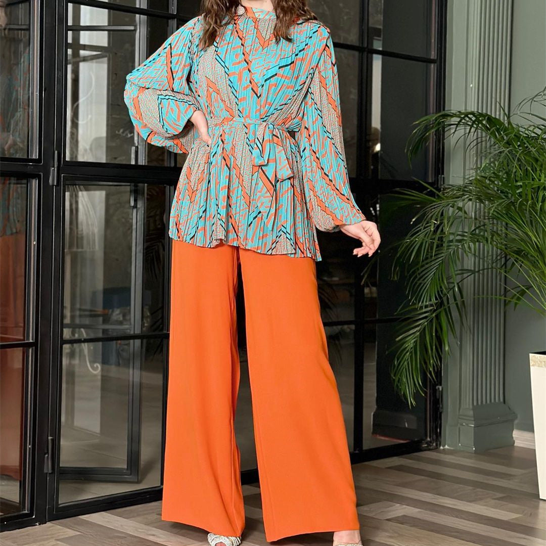 mvp11-Fashionable pleated temperament puff sleeve shirt high waist wide leg pants suit