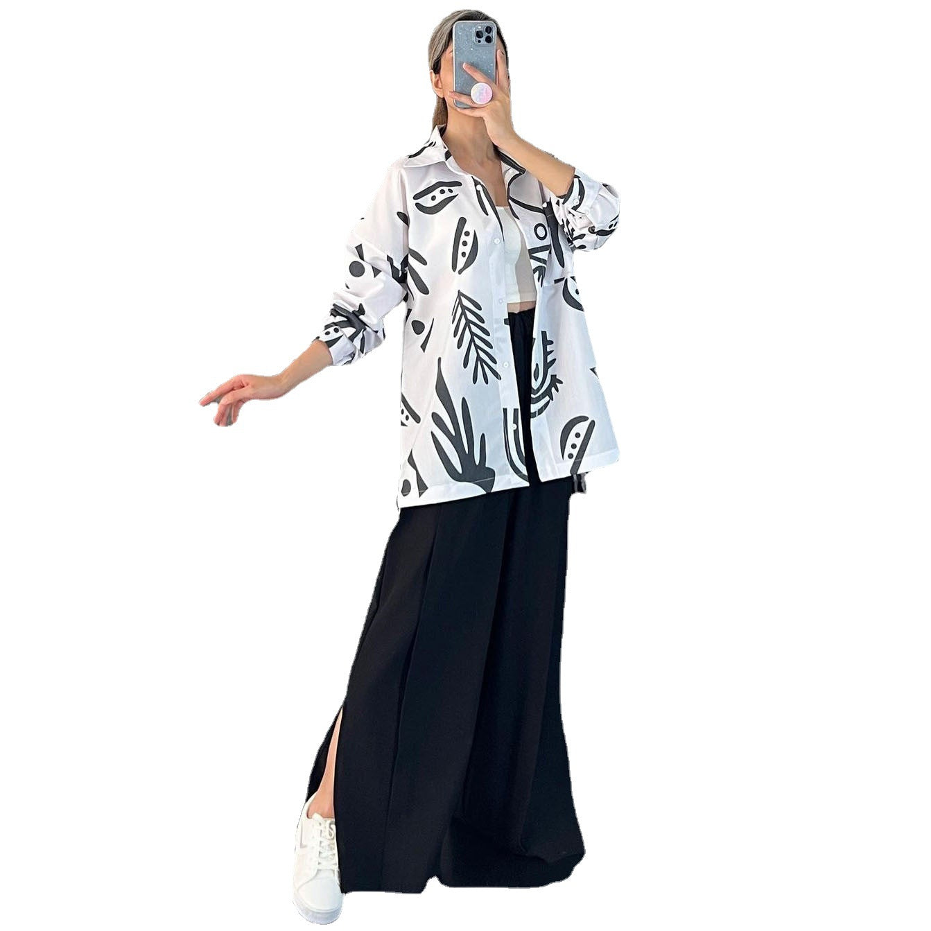 mvp12-New Casual Long Sleeve Printed Shirt High Waist Slit Wide Leg Pants Set