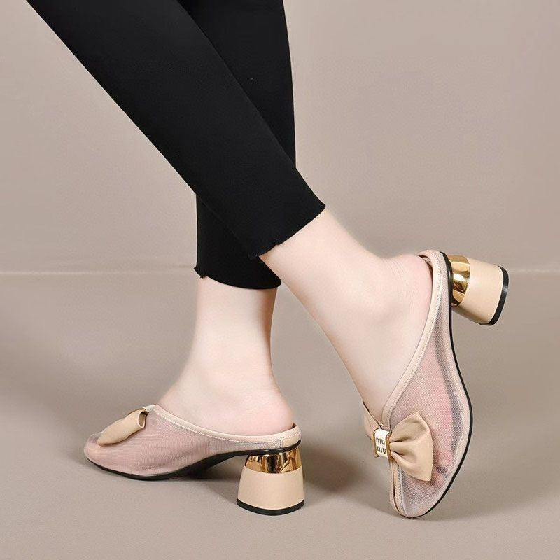 ae583-Korean style bow mesh high heel sandals