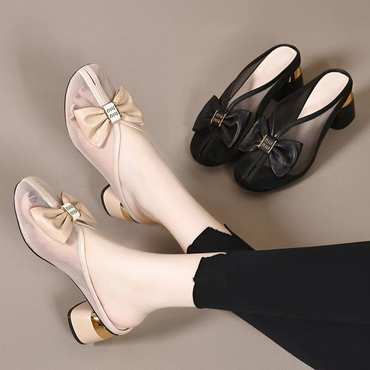 ae583-Korean style bow mesh high heel sandals