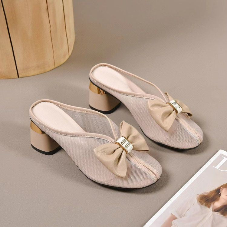 ae583-Korean style bow mesh high heel sandals