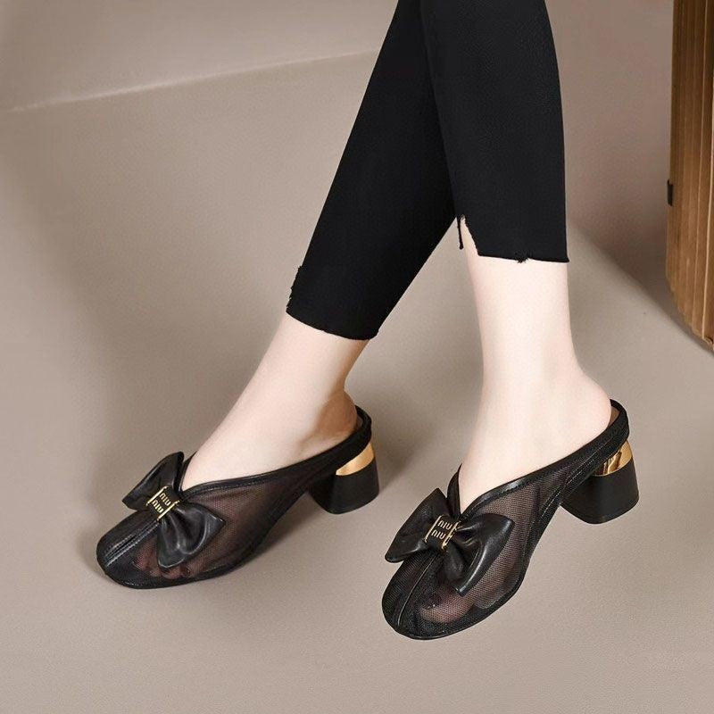 ae583-Korean style bow mesh high heel sandals