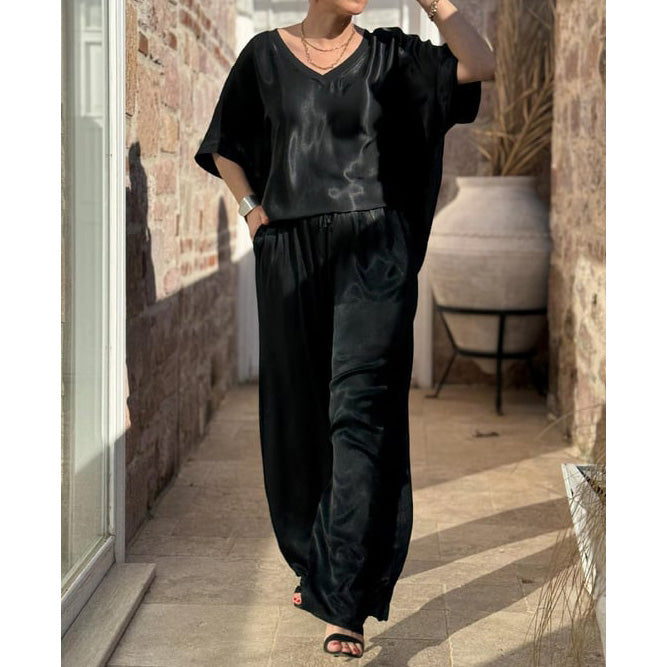 Fashionable and elegant casual V-neck short-sleeved wide-leg pants suit