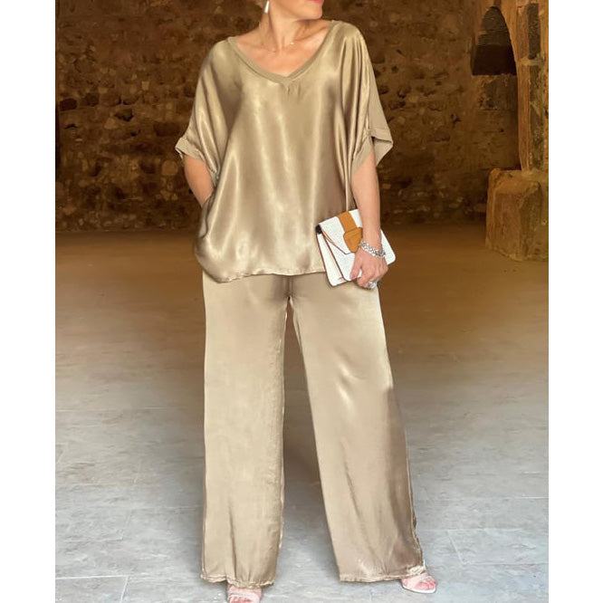 Fashionable and elegant casual V-neck short-sleeved wide-leg pants suit