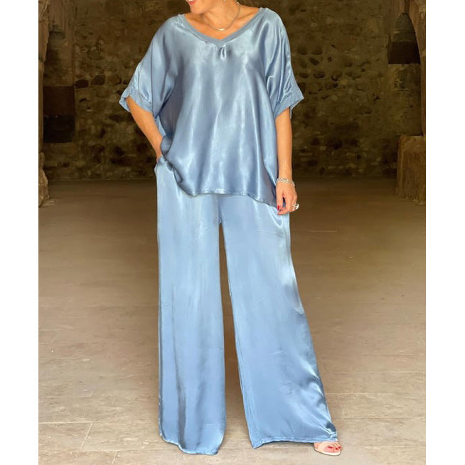 Fashionable and elegant casual V-neck short-sleeved wide-leg pants suit