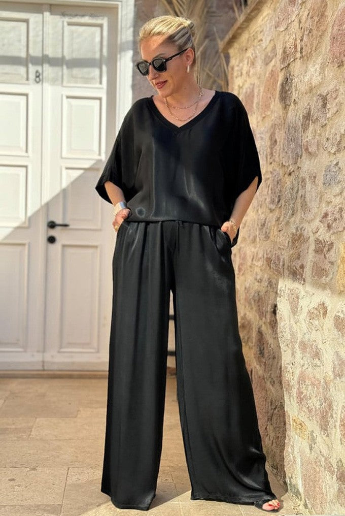 Fashionable and elegant casual V-neck short-sleeved wide-leg pants suit