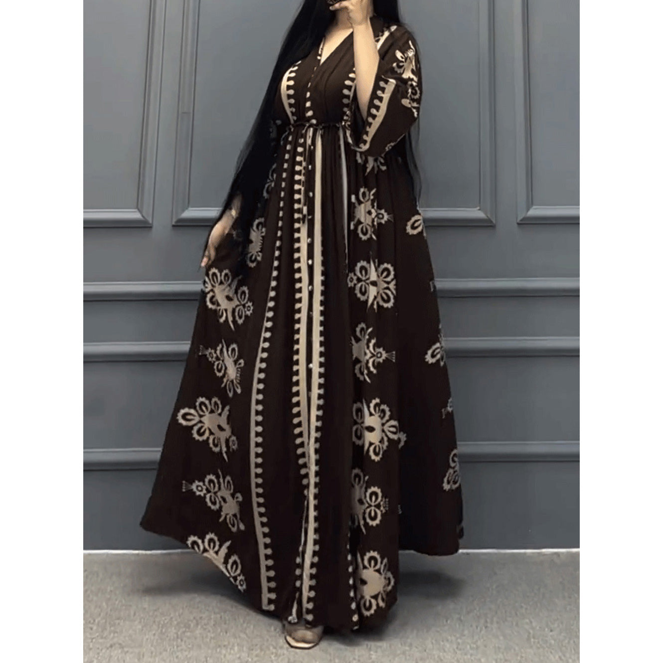 ae612-Long Sleeve Printed Loose Dress