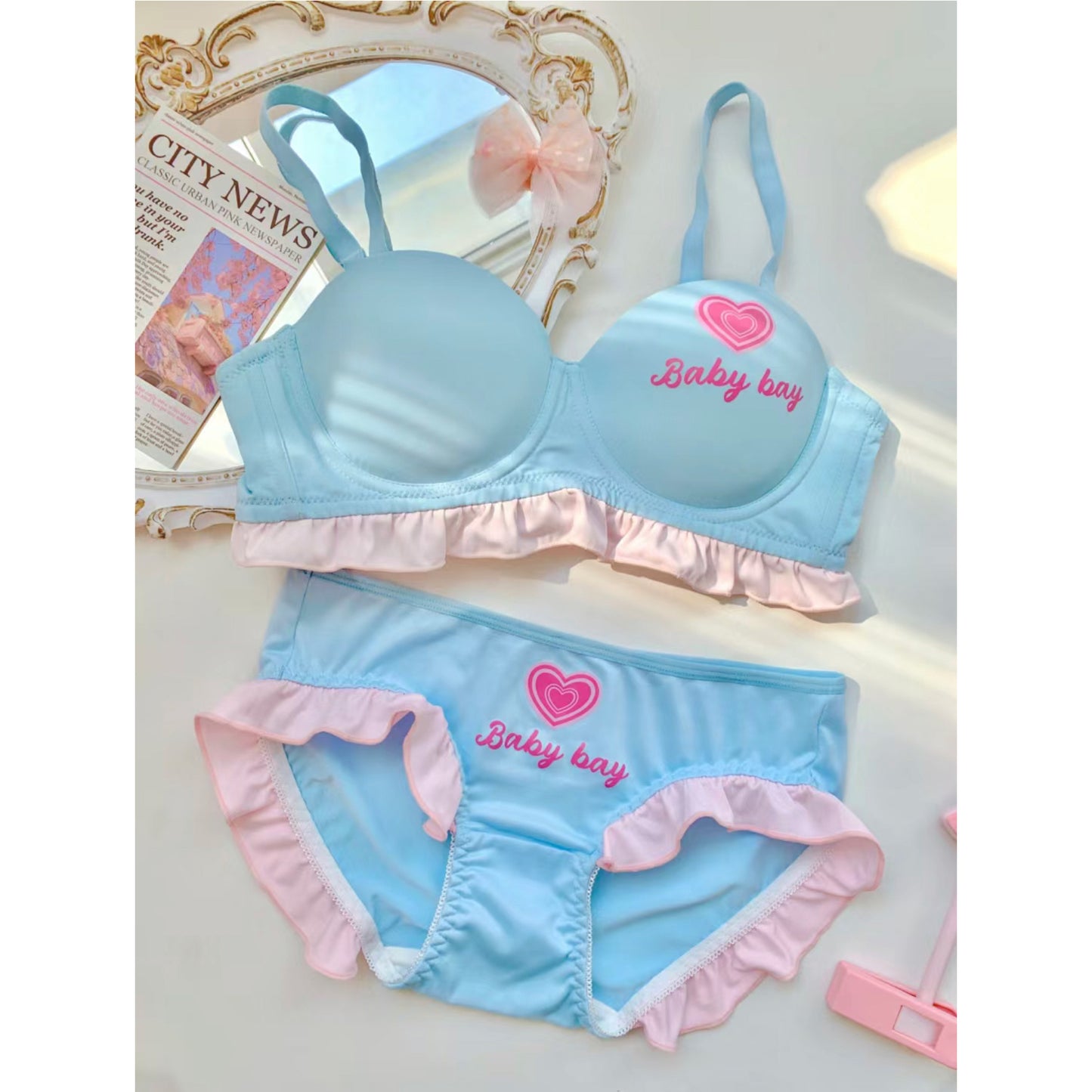 zp405-Princess style small chest push-up steel-free sweet half cup bra and panty set