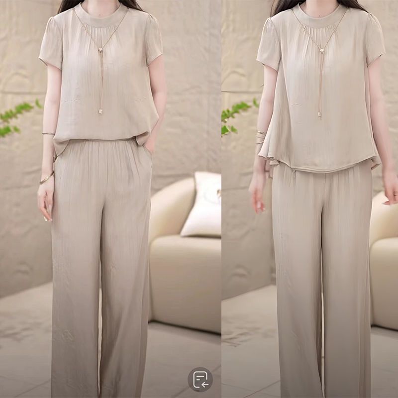 ae626-Summer loose slim short-sleeved wide-leg pants two-piece suit