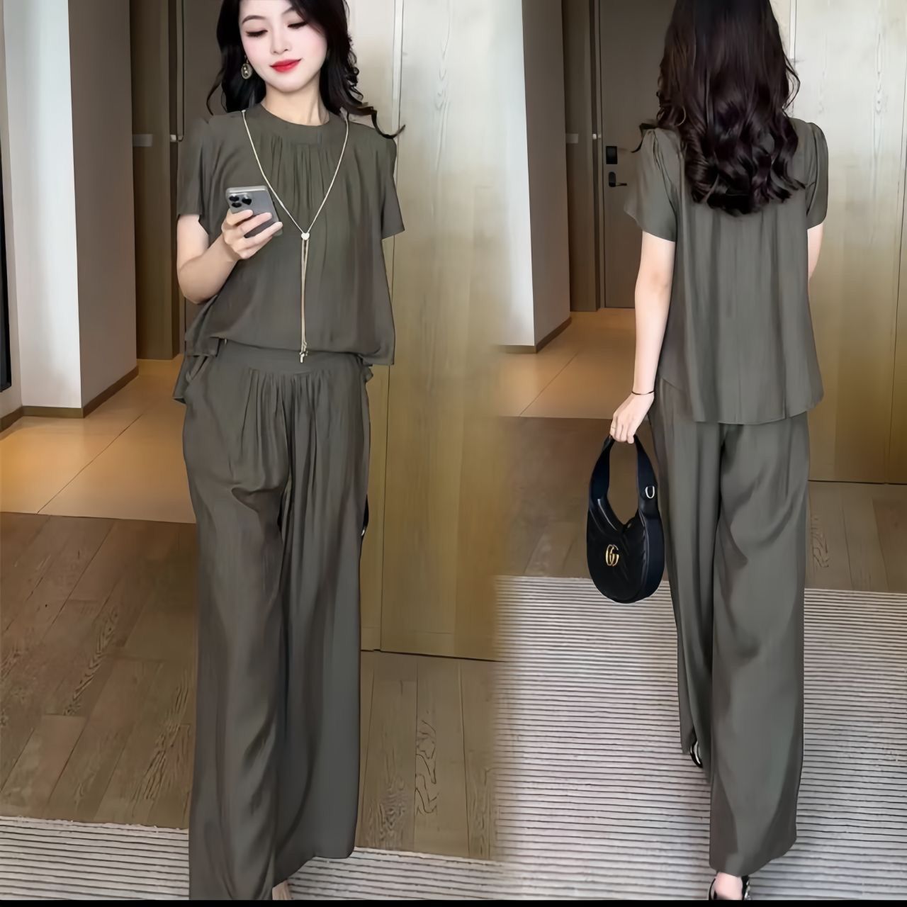 ae626-Summer loose slim short-sleeved wide-leg pants two-piece suit