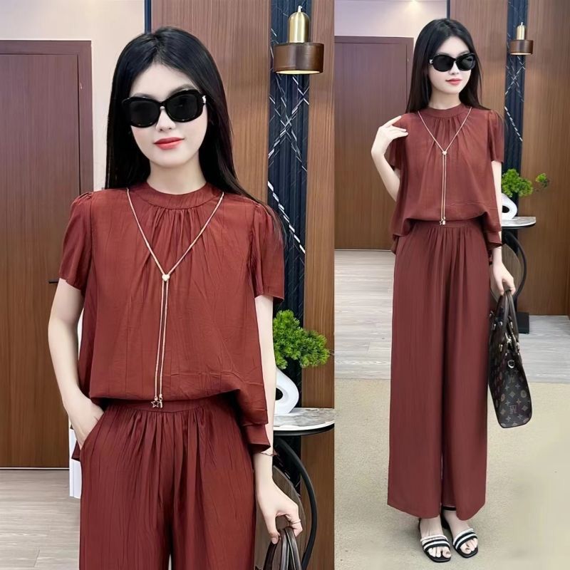 ae626-Summer loose slim short-sleeved wide-leg pants two-piece suit