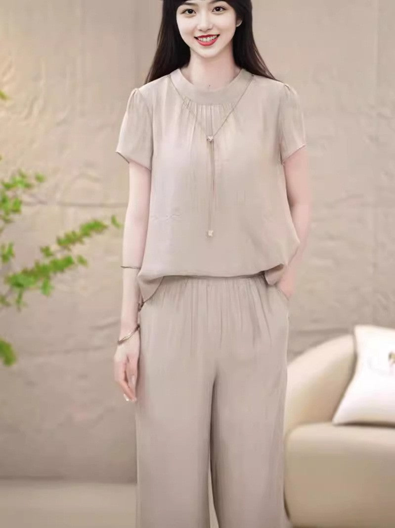 ae626-Summer loose slim short-sleeved wide-leg pants two-piece suit