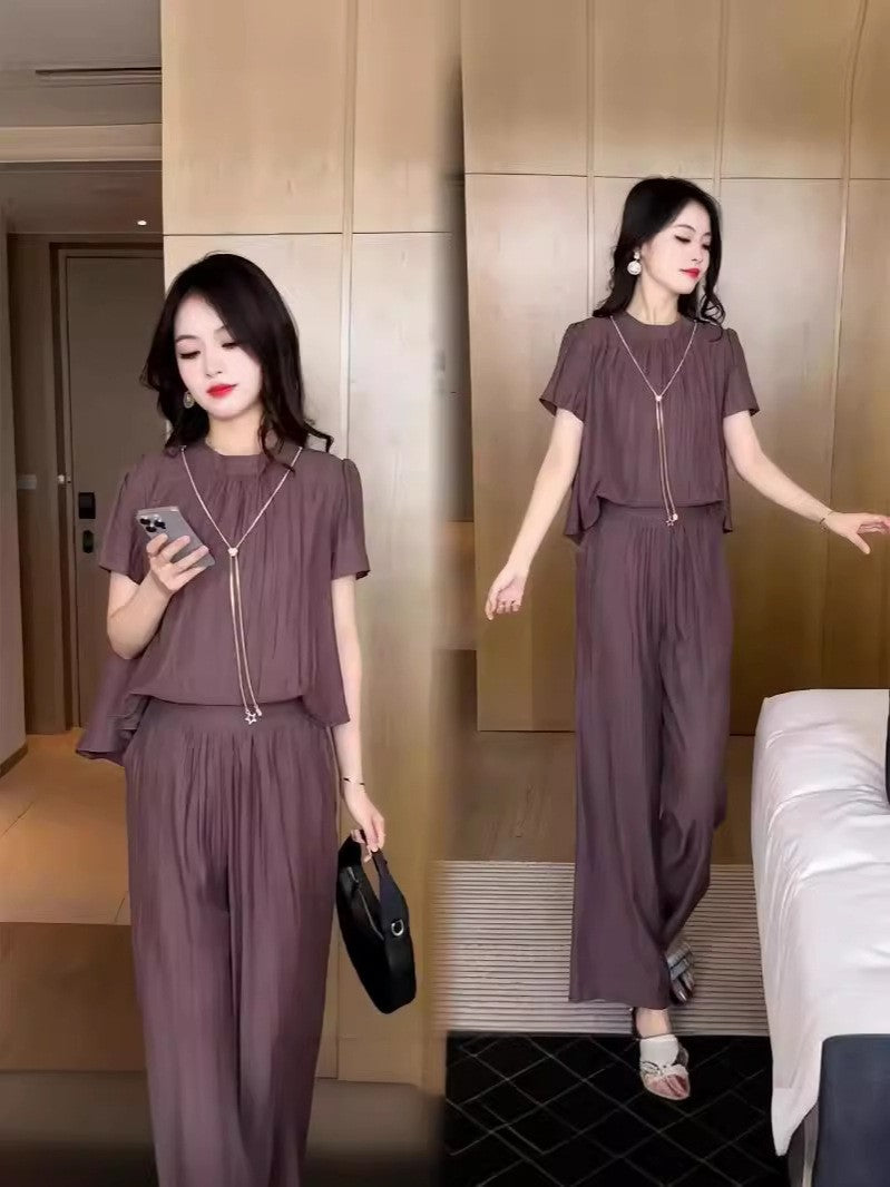 ae626-Summer loose slim short-sleeved wide-leg pants two-piece suit