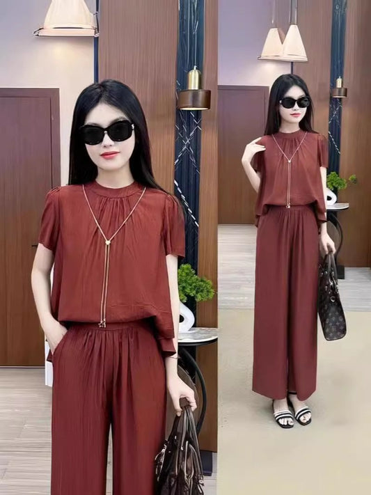 ae626-Summer loose slim short-sleeved wide-leg pants two-piece suit