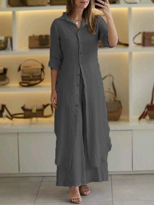 Women's cotton and linen cardigan shirt and trousers suit