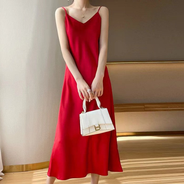 Women's silk suspender dress slimming waist