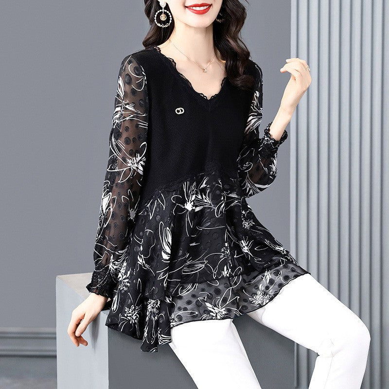 Summer hollow chiffon long-sleeved chiffon shirt