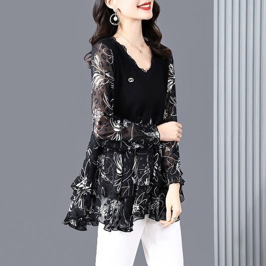 Summer hollow chiffon long-sleeved chiffon shirt