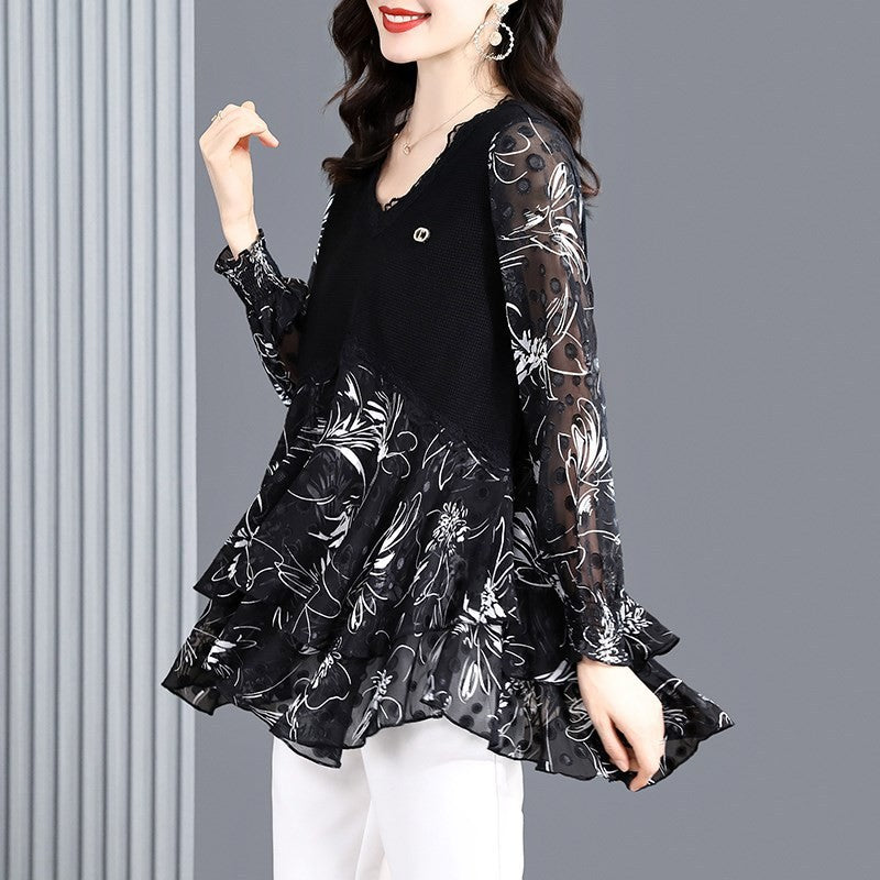 Summer hollow chiffon long-sleeved chiffon shirt