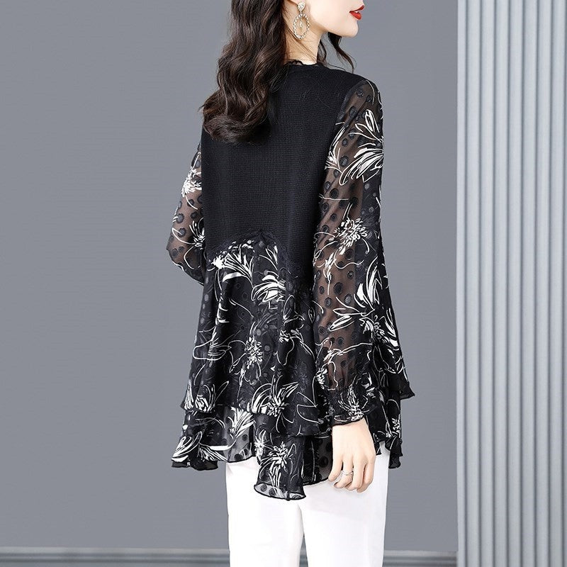 Summer hollow chiffon long-sleeved chiffon shirt