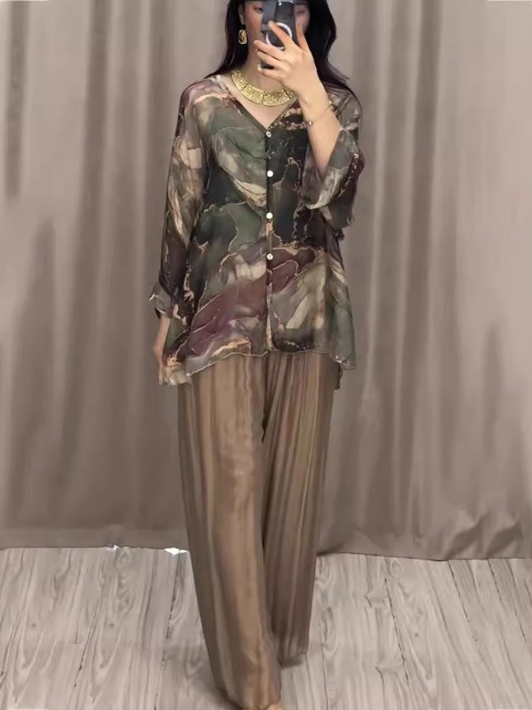 ae661-2024 European and American spring fashion new hand-painted printed shirt top wide-leg pants two-piece set