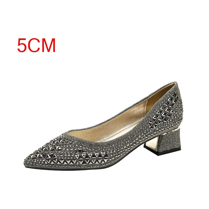 French pointed rhinestone thick heel elegant women's shoes