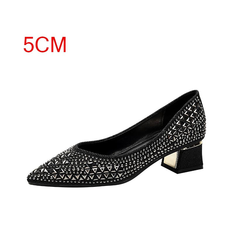 French pointed rhinestone thick heel elegant women's shoes