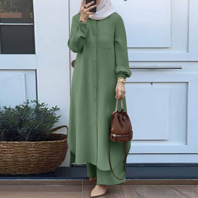 fam7-Spring and autumn women's long-sleeved shirt and trousers two-piece suit