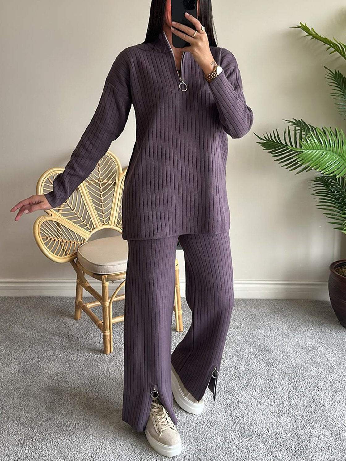 New solid color zipper ladies knitted suit