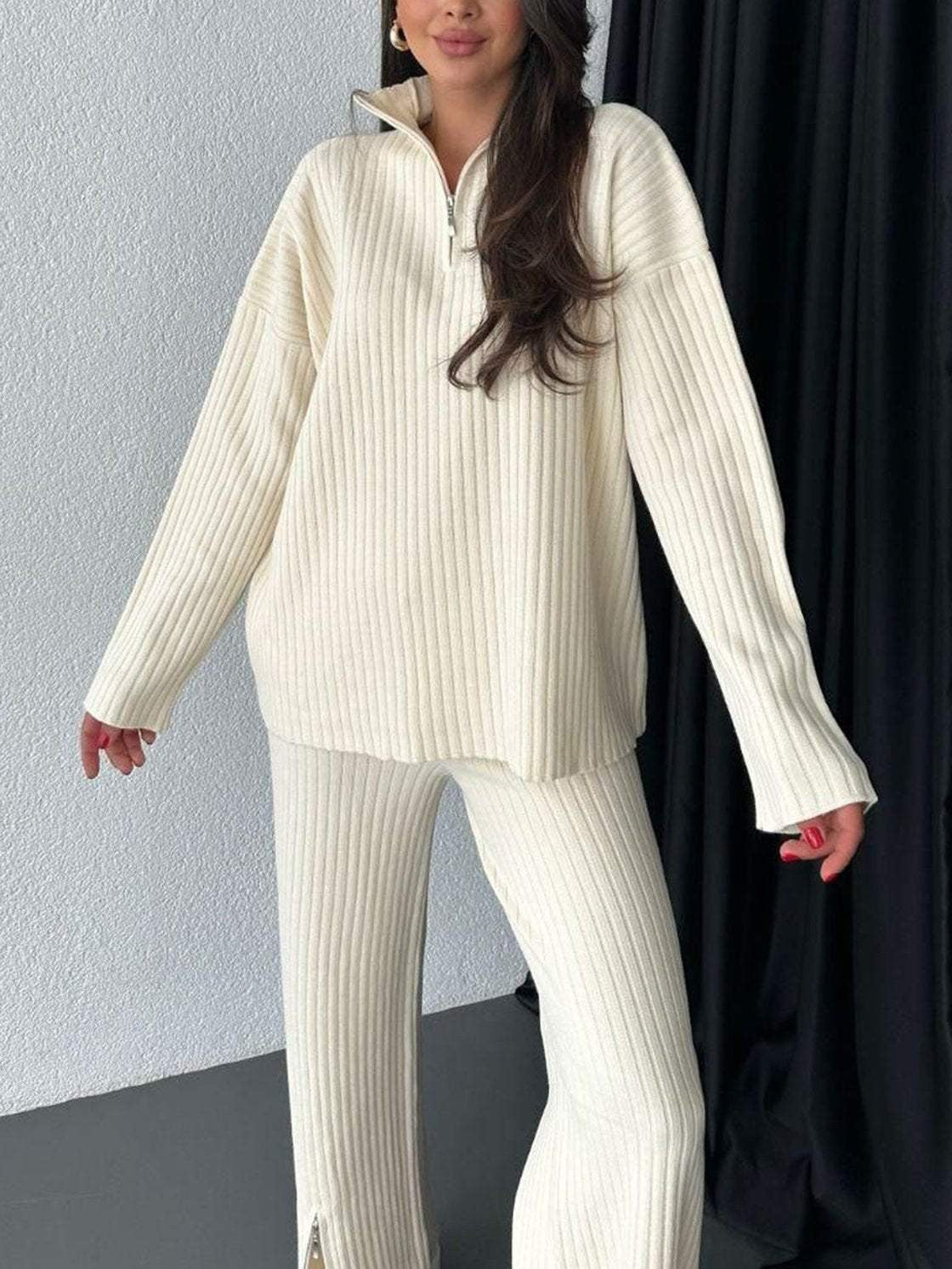 New solid color zipper ladies knitted suit