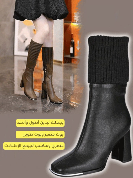 Women's high boots with chunky heels and knitted elastic socks