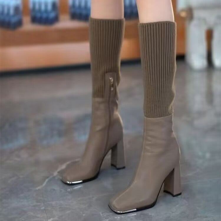 Women's high boots with chunky heels and knitted elastic socks