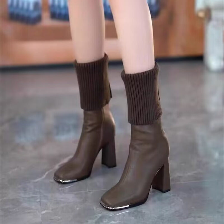 Women's high boots with chunky heels and knitted elastic socks