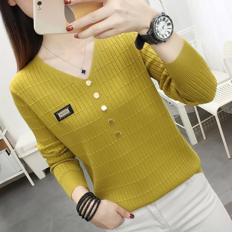 zp478-Women's V-neck knitted long-sleeved bottoming shirt اشتري 1 و إحصول على 1 مجانا