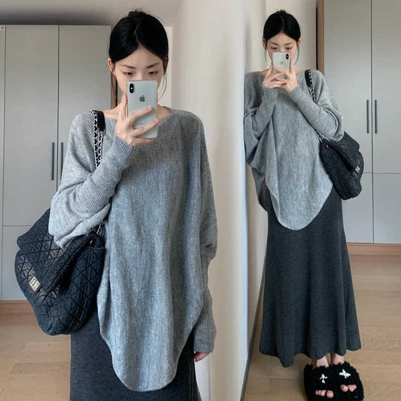 ae776-Women's Autumn Long Sleeve Knitted Sweater High Waist Skirt Two-piece Set