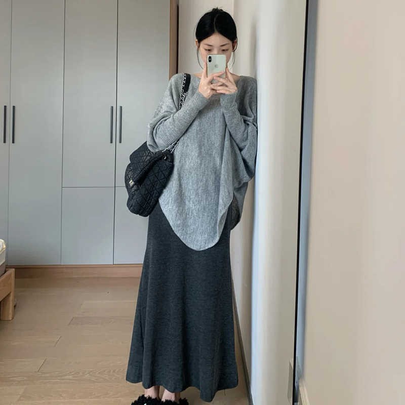 ae776-Women's Autumn Long Sleeve Knitted Sweater High Waist Skirt Two-piece Set