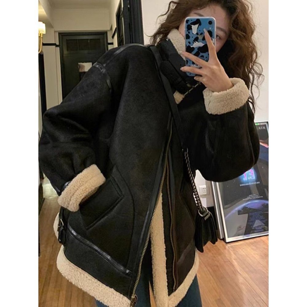 ae788-Women's winter loose versatile lamb fur coat