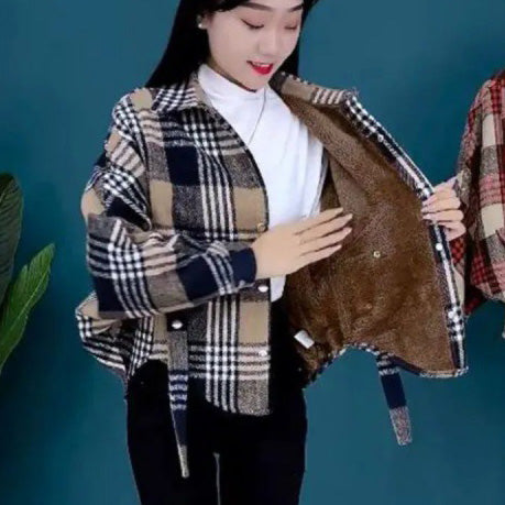 Versatile Fashion Plus Velvet Thickened Women's Plaid Shirt Jacket