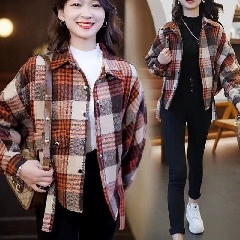 Versatile Fashion Plus Velvet Thickened Women's Plaid Shirt Jacket