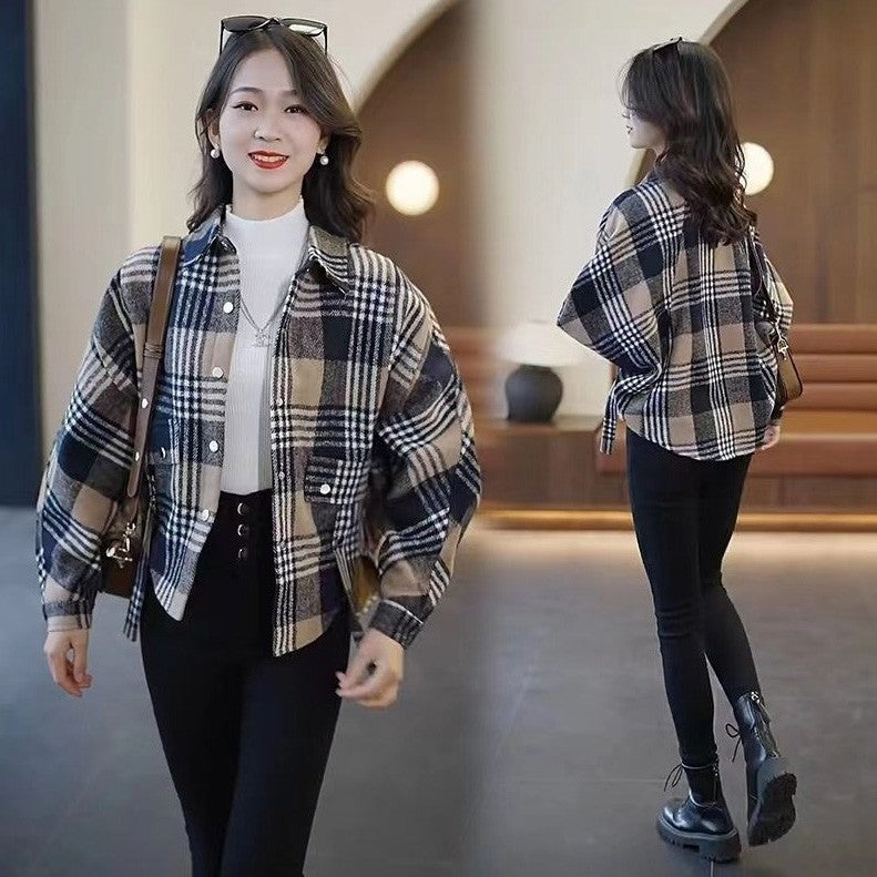 Versatile Fashion Plus Velvet Thickened Women's Plaid Shirt Jacket